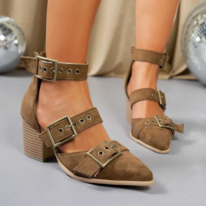 Walk confidently in women's comfortable block heels, featuring a supportive ankle strap & buckle.