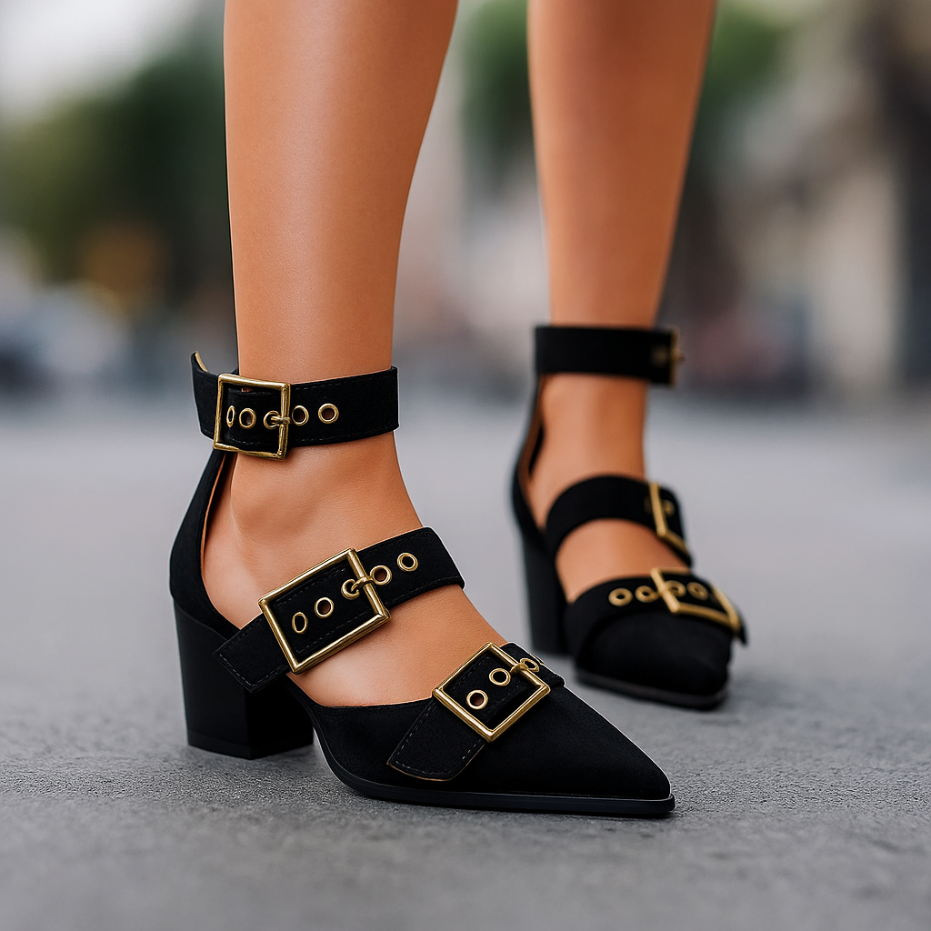 Close-up of the elegant buckle on women's black block heels, highlighting the comfortable ankle strap.