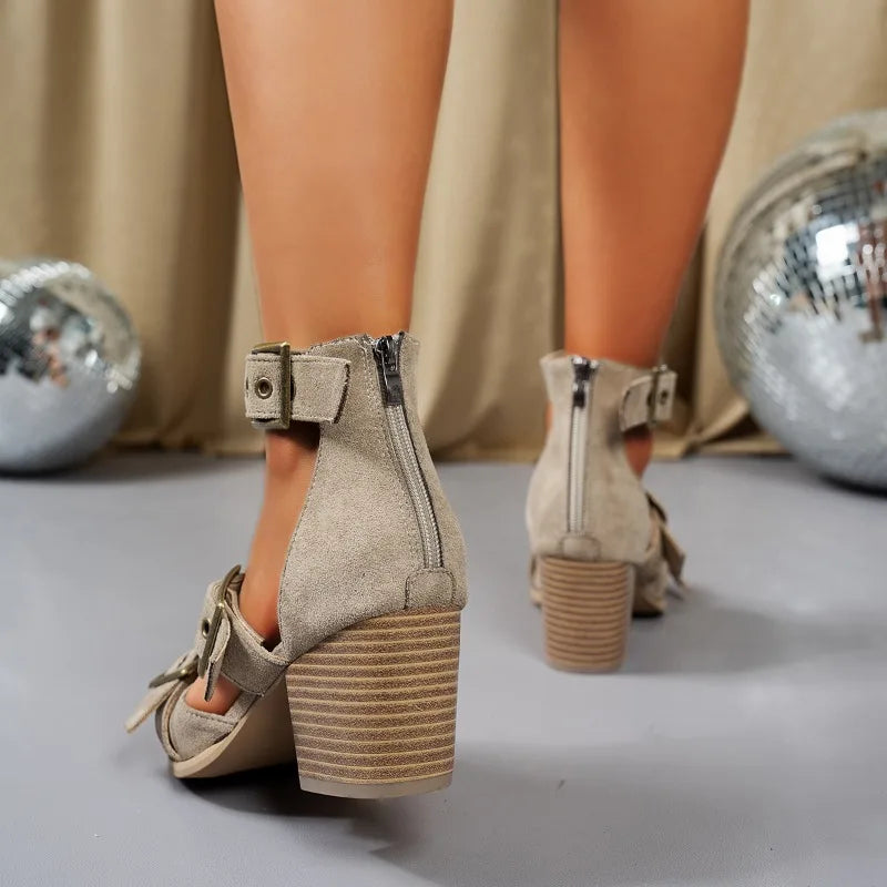 Fashion-forward women's block heels with a modern buckle design, ideal for versatile styling.