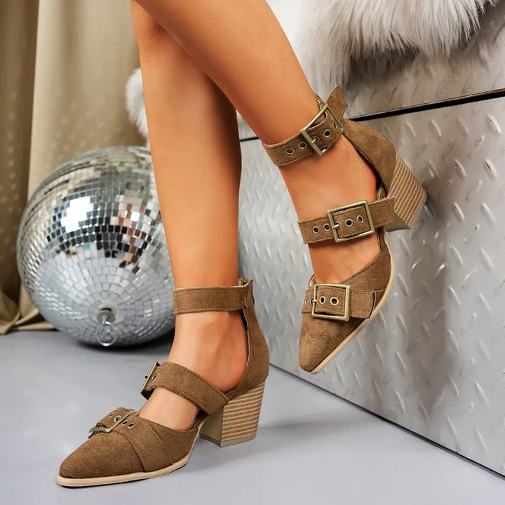 Glamorous women's evening shoes: black buckle block heels designed for sophisticated flair.
