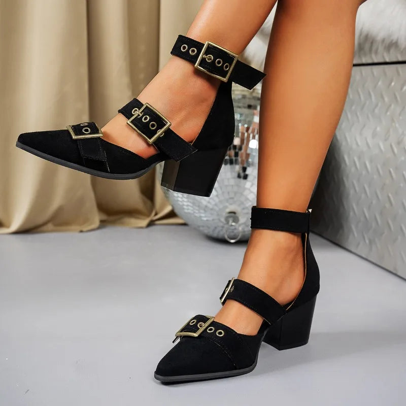 Detail shot: secure ankle strap and polished buckle on sleek women's block heels.