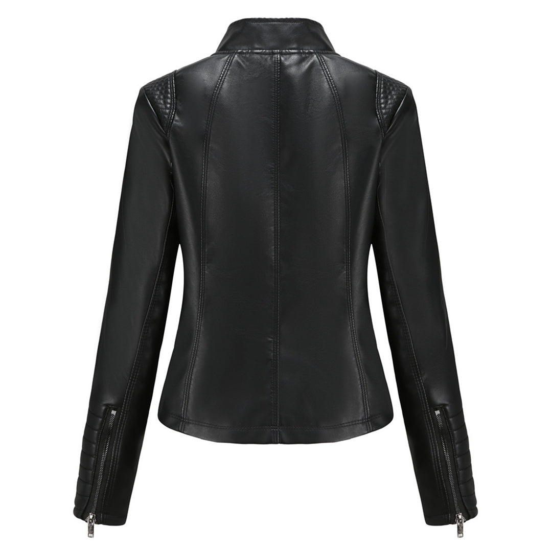 Black leather women's moto jacket, Elin. Offers a chic, edgy look for any outfit.