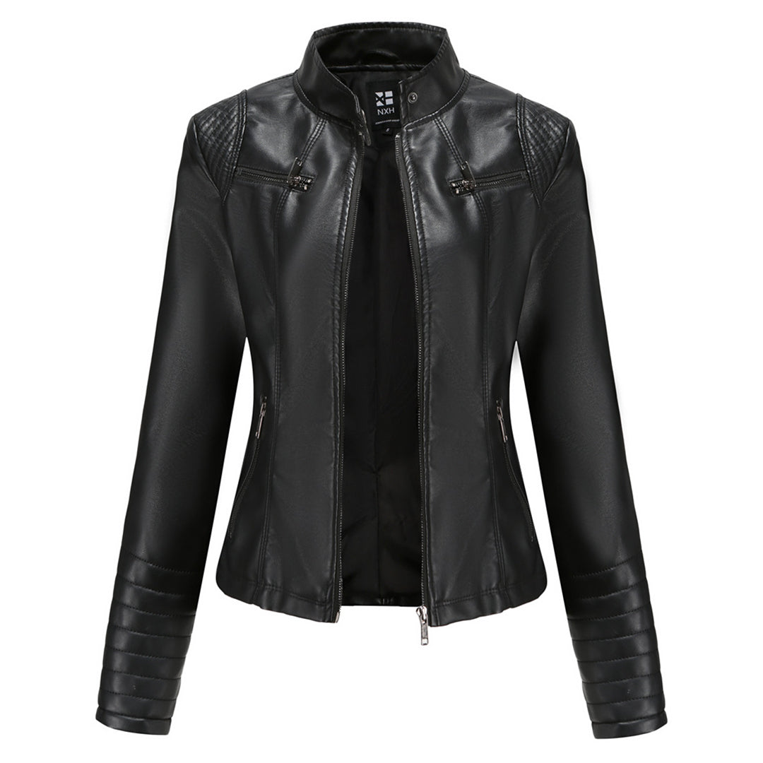 Close-up of zip & hardware on Elin women's black leather edgy moto jacket, biker style.