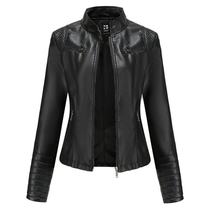 Close-up of zip & hardware on Elin women's black leather edgy moto jacket, biker style.