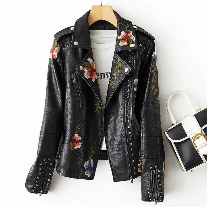 Stylish women's beige moto jacket, an edgy and chic outerwear statement for modern fashionistas.