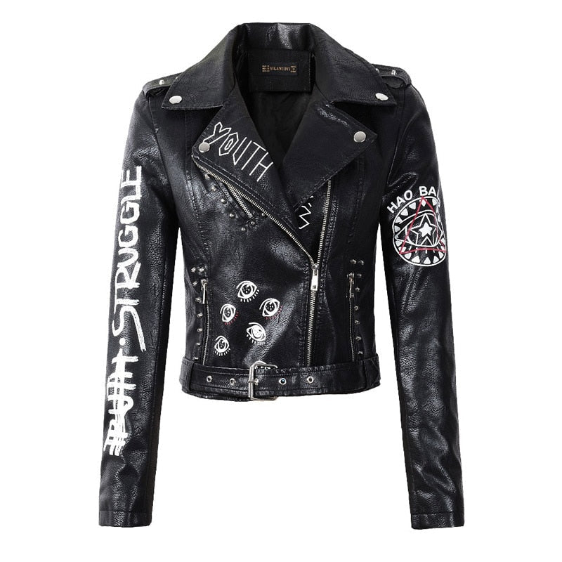 Women's chic black moto jacket with stylish rivet details, perfect for edgy and versatile fashion.