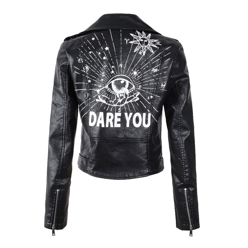 Close-up of a women's black biker jacket showing chic silver rivet details on the collar and shoulders.