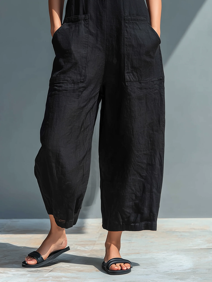 Stylish women's black sleeveless jumpsuit with a loose fit, perfect for summer fashion. Features button-up & stand collar.