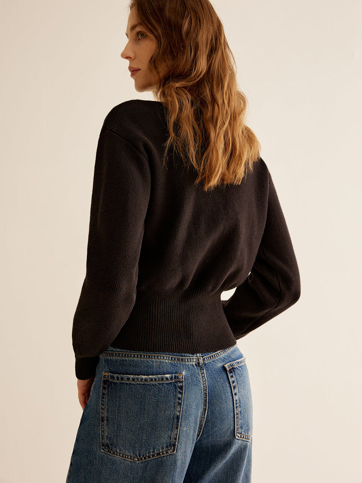 Classic women's black button sweater, versatile for work or casual wear. Elegant long-sleeve knit, a fall fashion staple.