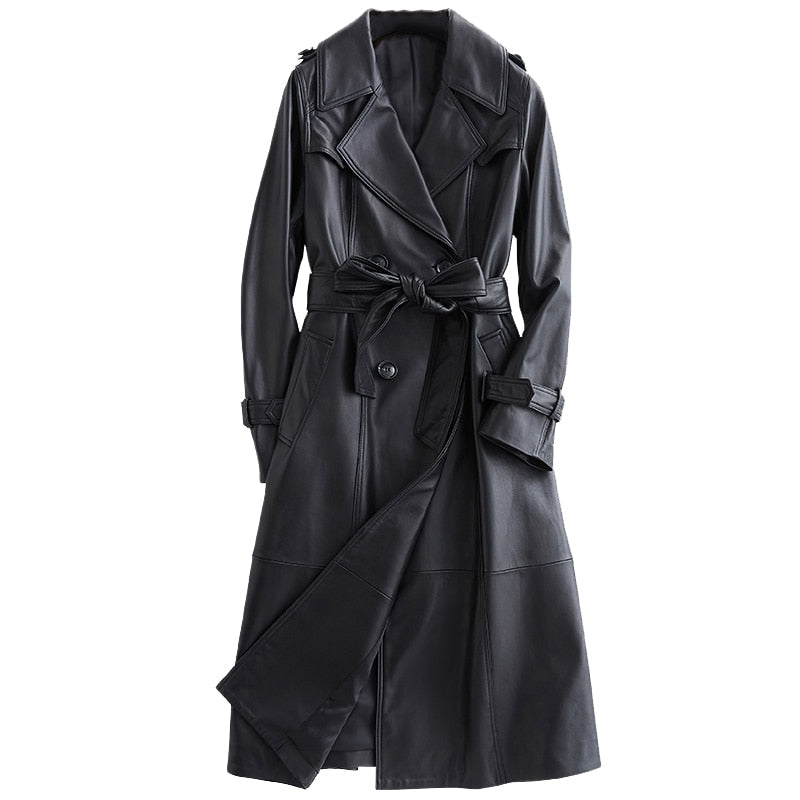 Women's chic black trench coat, elegant long outerwear, perfect for classic fall fashion.
