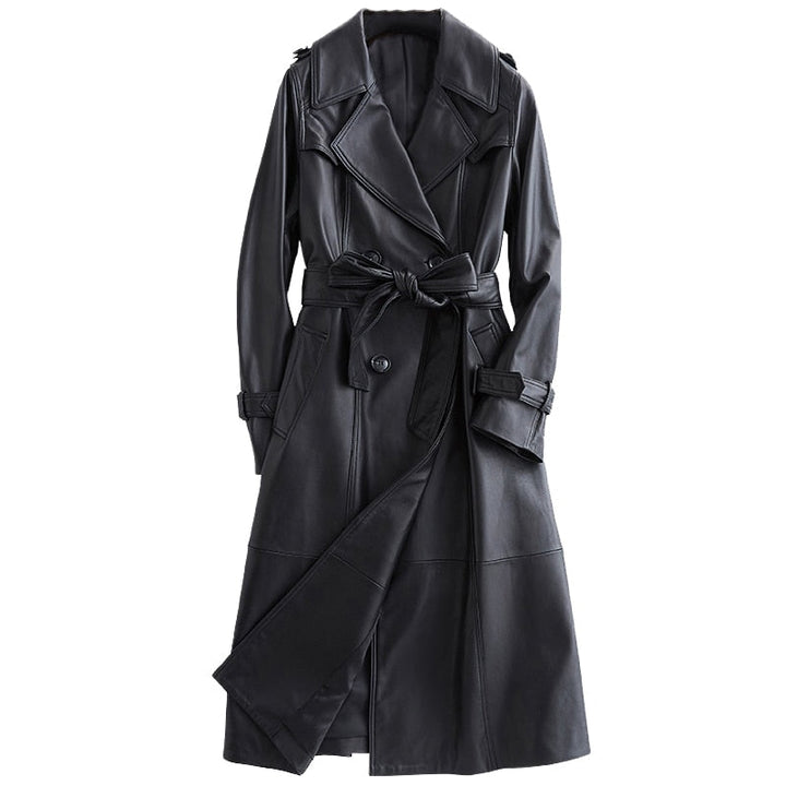 Women's chic black trench coat, elegant long outerwear, perfect for classic fall fashion.