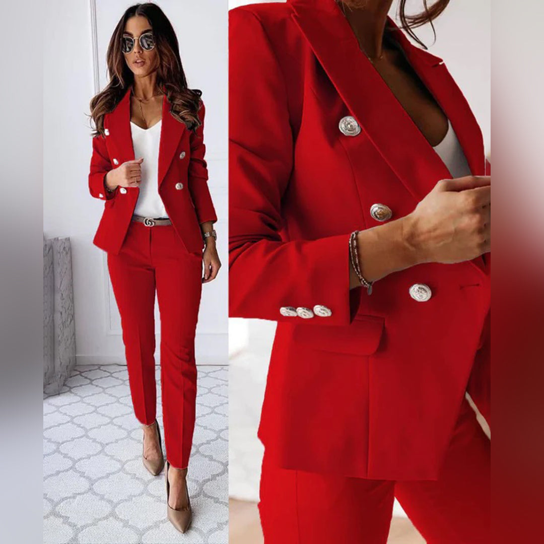 Elegant women's power suit. Fashionable blazer & trouser set, perfect for business or formal wear.