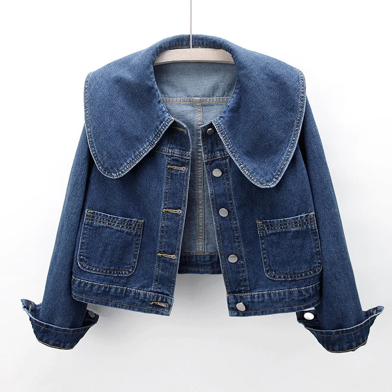Women's chic blue cropped denim jacket featuring an oversized collar. Perfect for versatile casual outfits.
