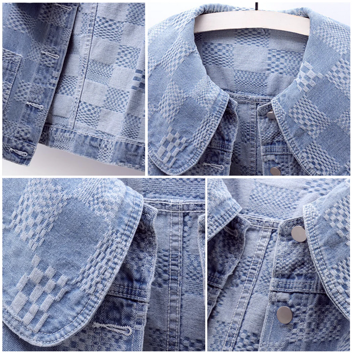 Chic women's casual cropped denim jacket in blue, featuring a stylish oversized collar for modern fashion.