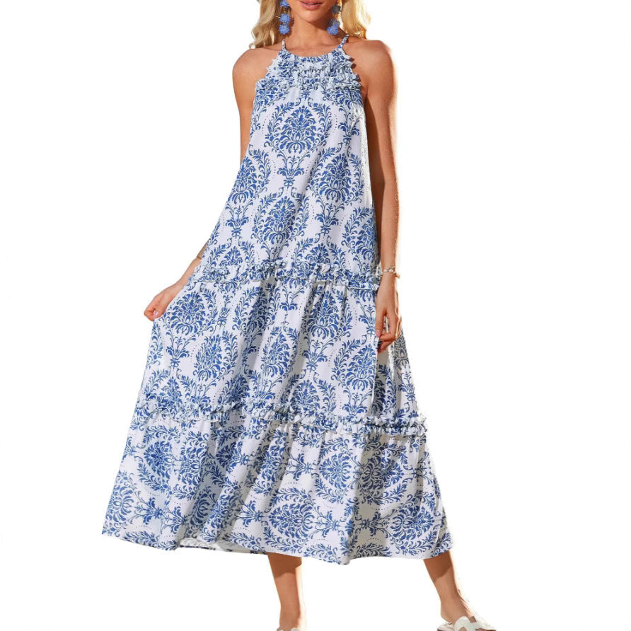 Bohemian women's halter maxi dress. Elegant tiered design with a flowy fit, ideal for casual summer days or resorts.
