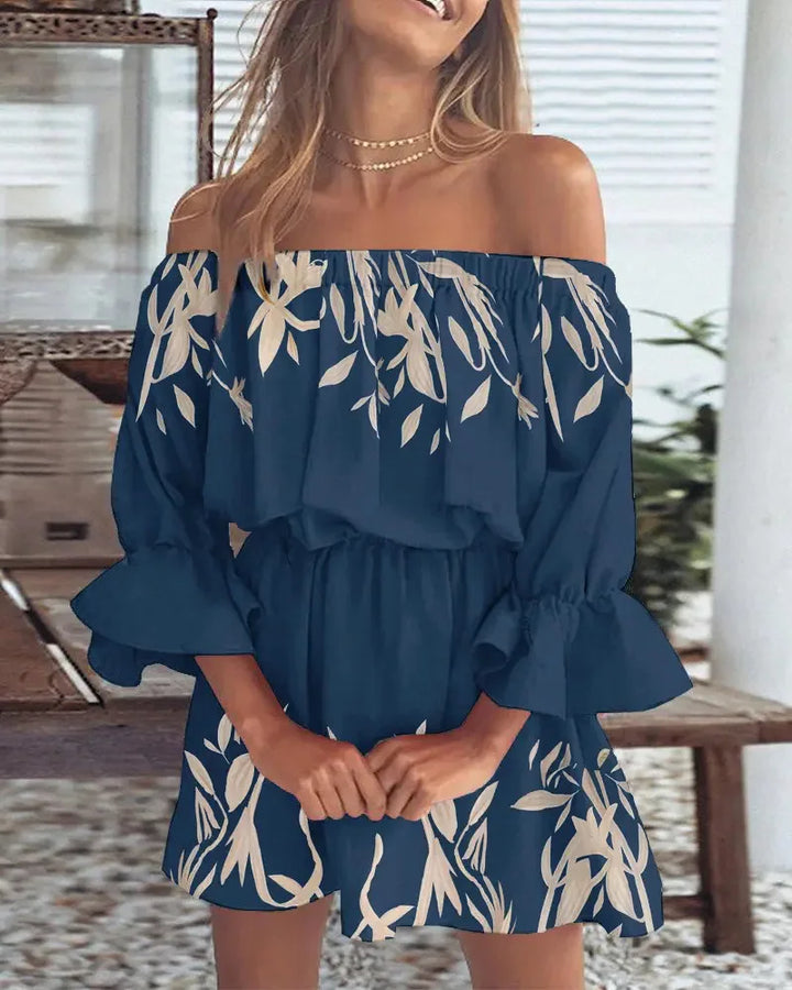 Lightweight and flowy women's boho mini dress, one-shoulder design, great casual dress