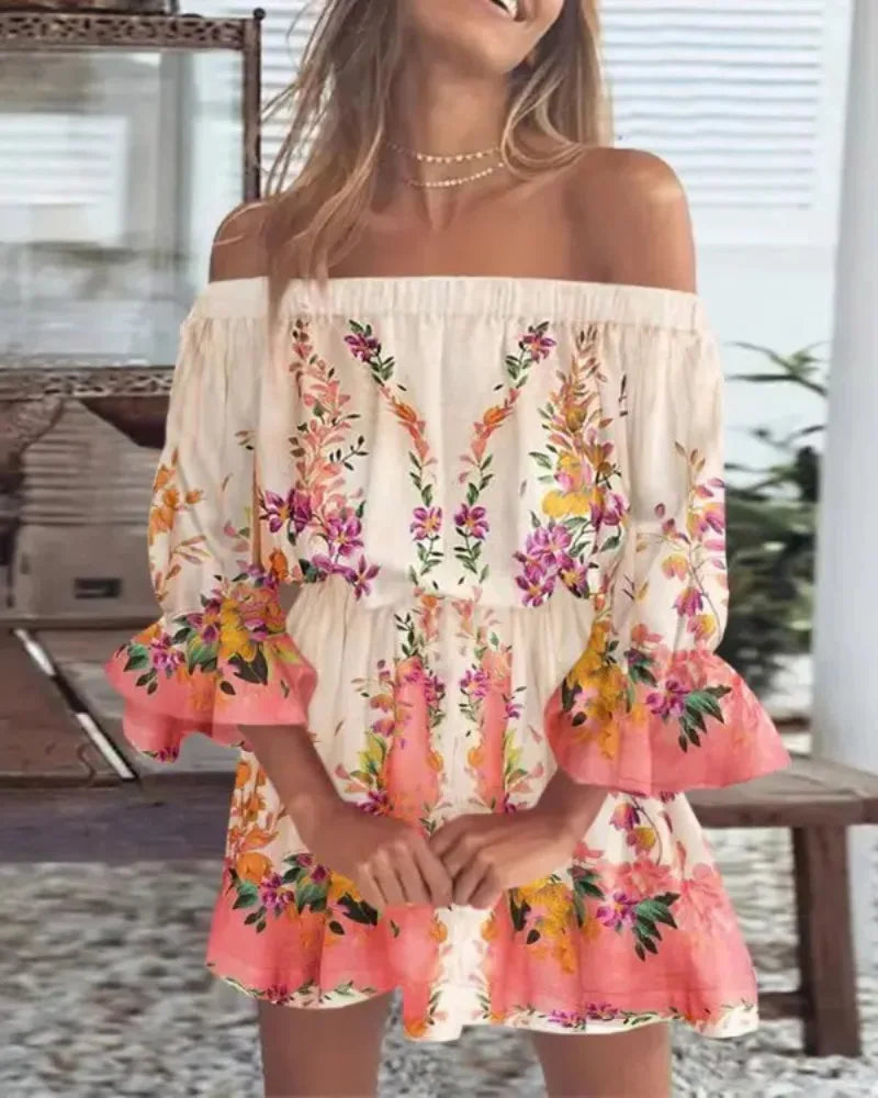 Women's stylish one-shoulder mini dress in a vibrant boho pattern, comfortable and chic