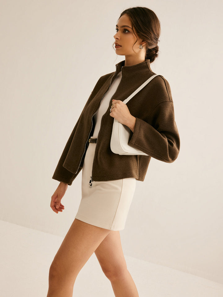 Elegant women's brown long-sleeve zipper jacket, perfect for casual or workwear style.