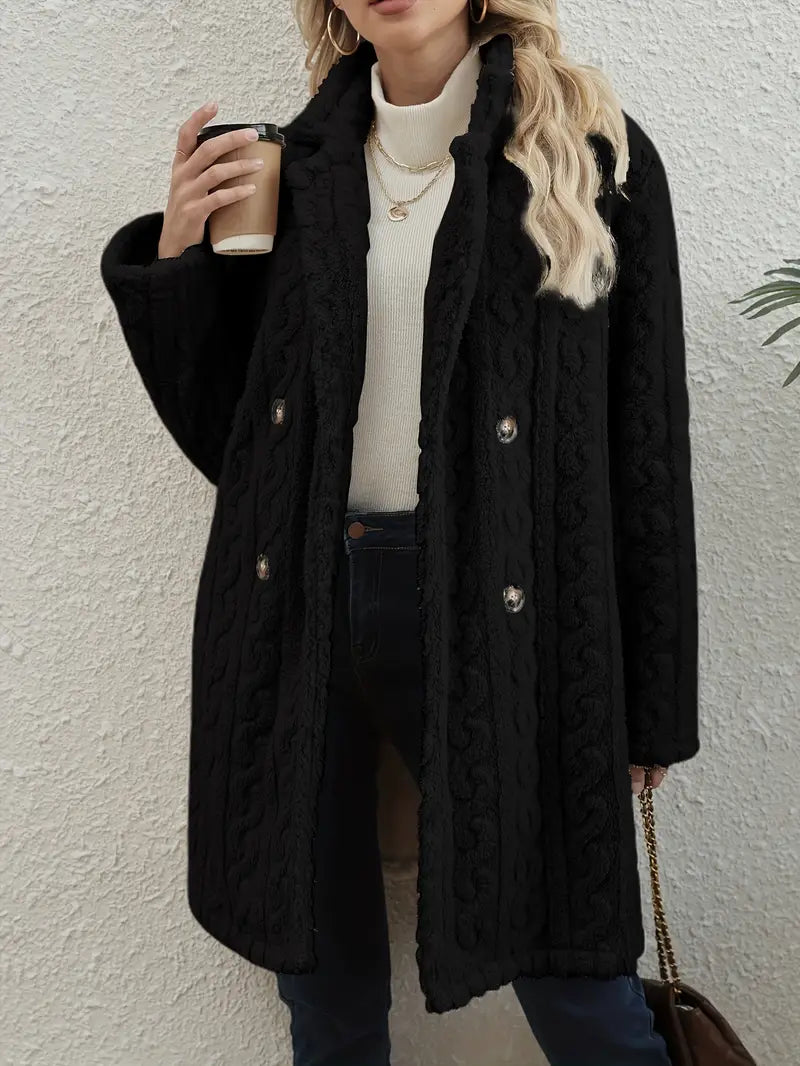 Cozy cable knit women's overcoat, stylish outerwear for cold weather fashion.
