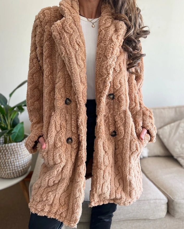 Chic women's cable knit teddy coat, warm and elegant winter style jacket.
