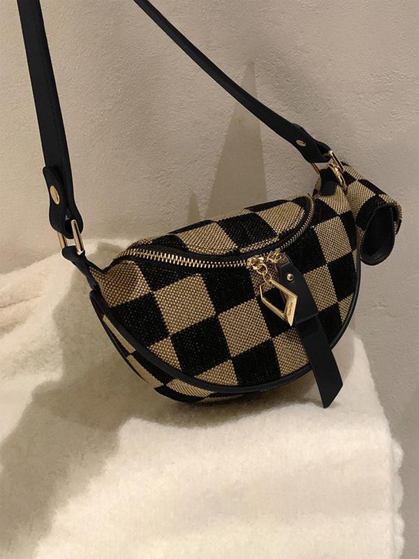 Everyday women's checkered canvas belt bag. Practical and fashionable for essentials, worn cross-body.