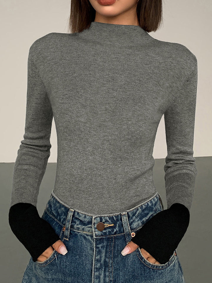 Women's long sleeve color block top, a comfortable & chic contrast top for versatile fashion.