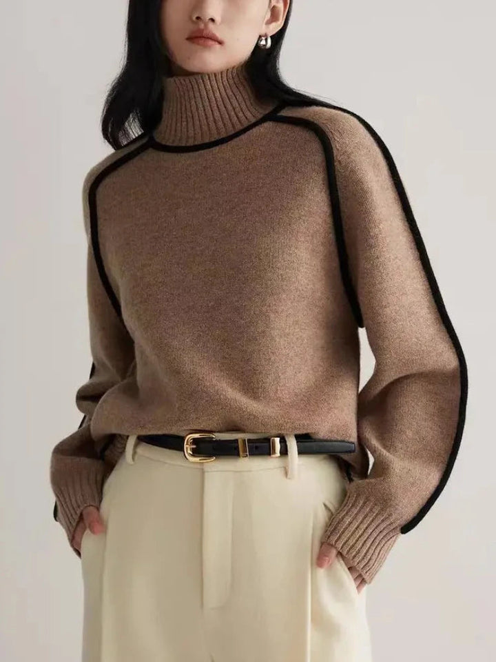 Women's chic contrast seam turtleneck sweater, ideal for elegant autumn & winter fashion.
