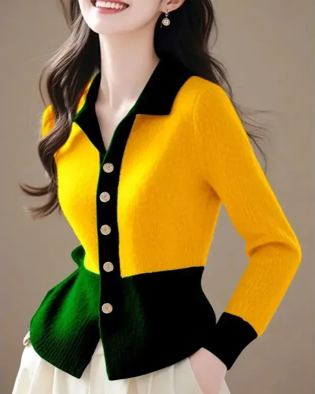 Fashionable women's knit cardigan featuring a structured silhouette, contrast trim, and exquisite gold buttons.