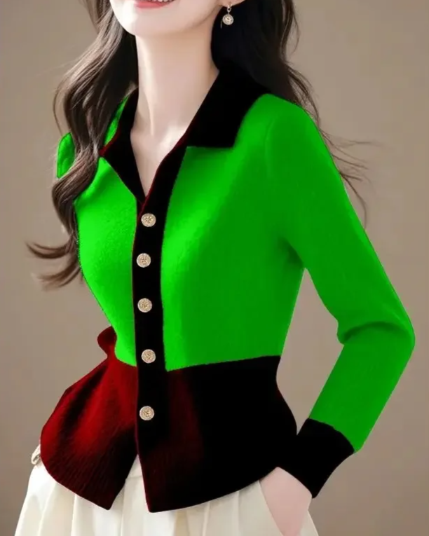 Versatile women's elegant sweater, a chic contrast trim cardigan with gold buttons for sophisticated fashion.