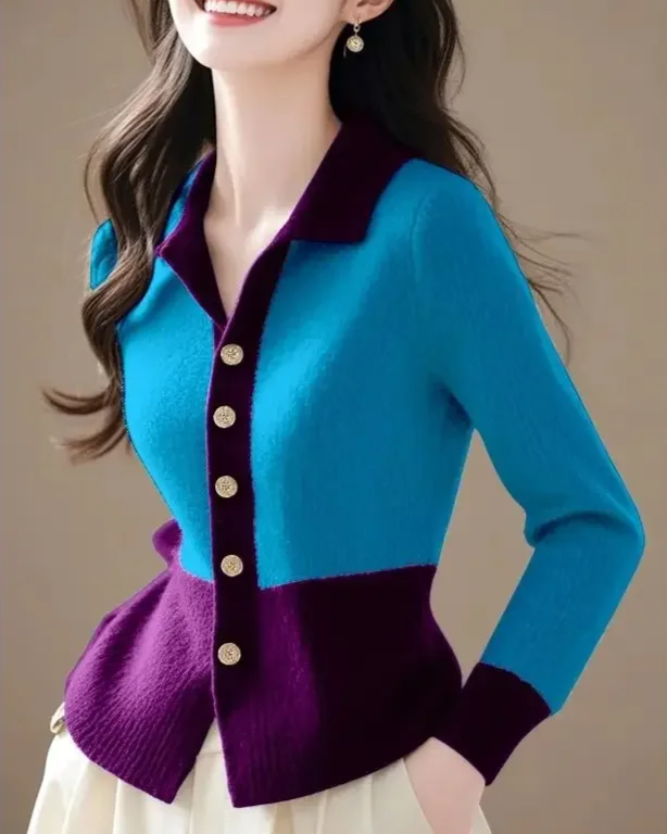 Chic women's contrast trim cardigan, an elegant sweater with sophisticated gold-tone buttons for versatile styling.
