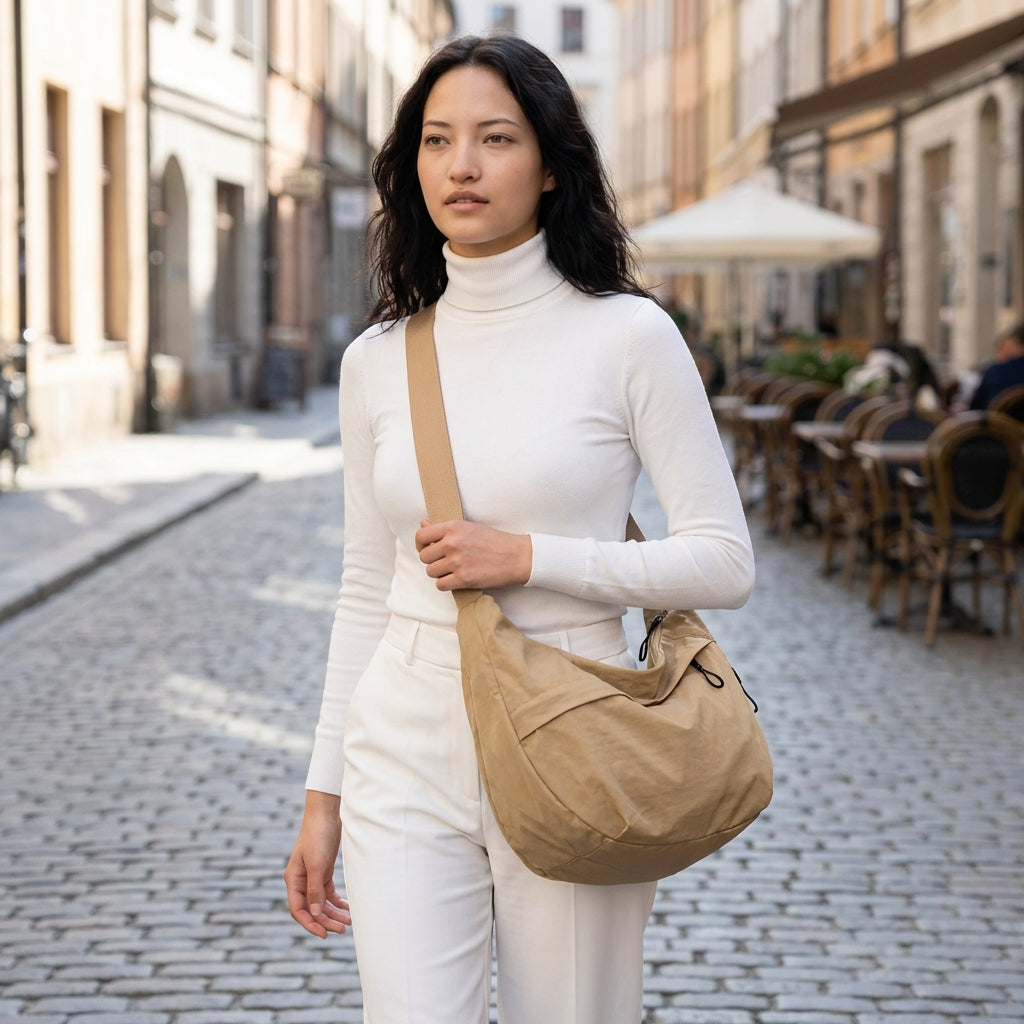 Stylish half-moon shoulder bag for women, featuring a trendy crescent design and versatile adjustable strap.