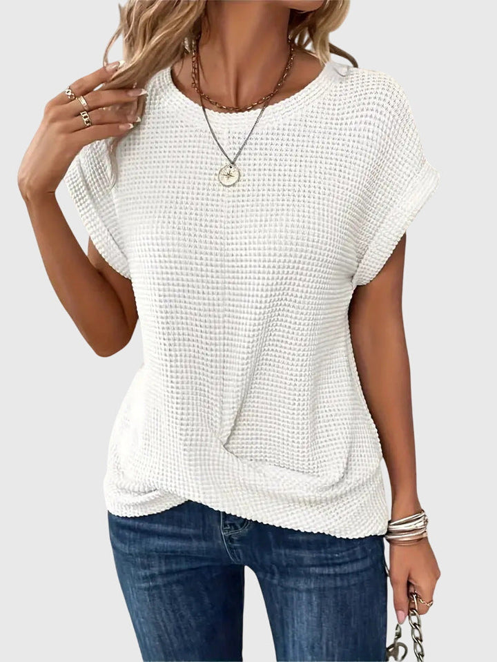 Elegant women's long sleeve crew neck blouse, a chic versatile top for work or casual outfits in spring/summer.