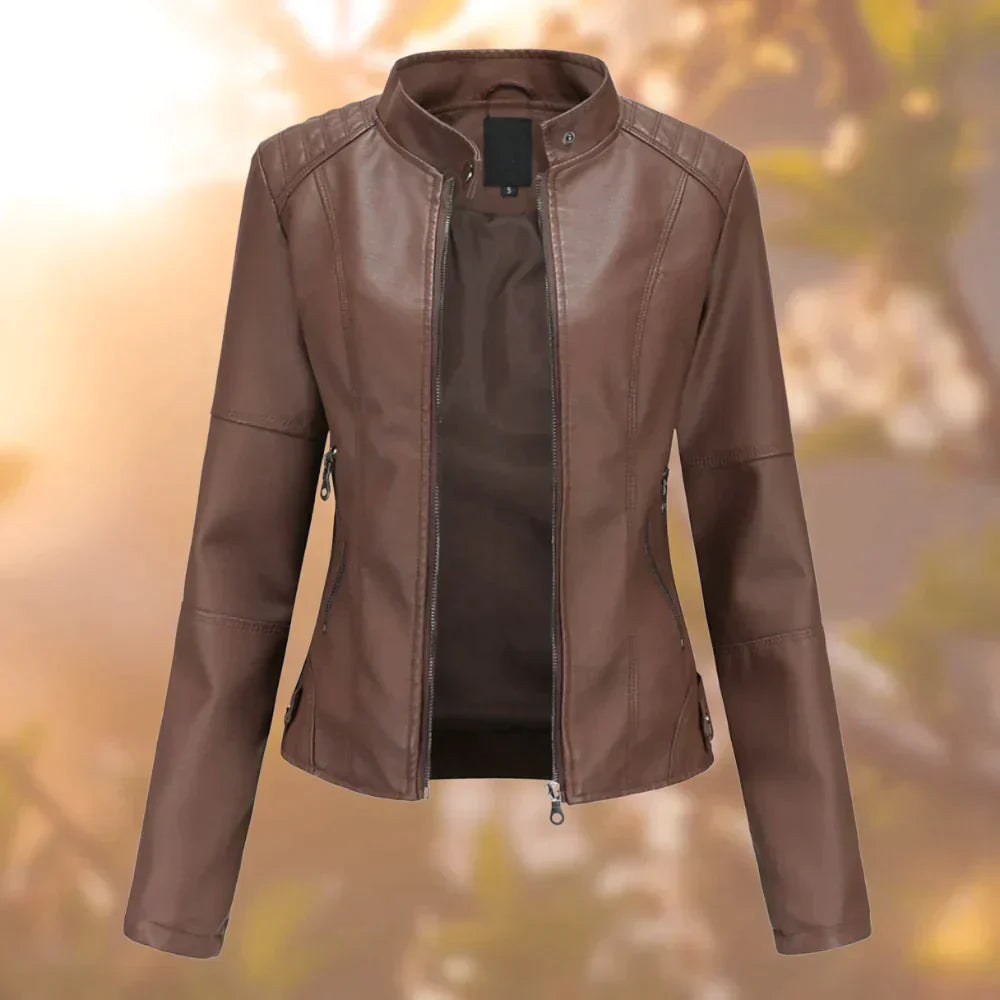 Stylish women's fitted biker jacket. Edgy modern design, perfect transitional outerwear for a versatile fashion look.