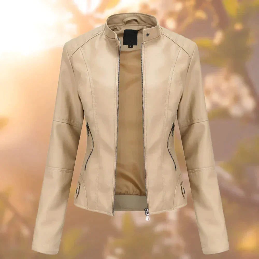 Versatile women's edgy biker jacket. Chic modern outerwear, a perfect fitted statement piece for any season.