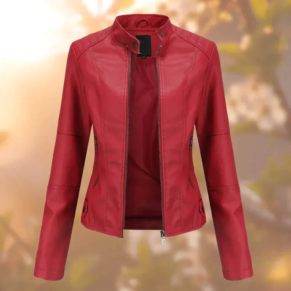 Women's black faux leather biker jacket. Edgy, modern & fitted, this chic outerwear adds versatile style to any look.