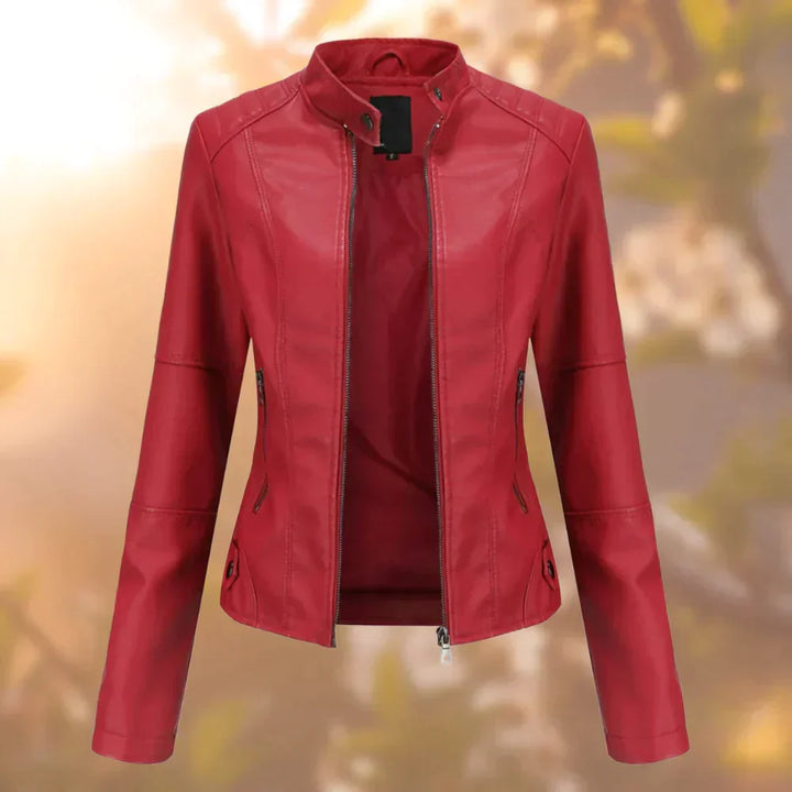 Women's black faux leather biker jacket. Edgy, modern & fitted, this chic outerwear adds versatile style to any look.