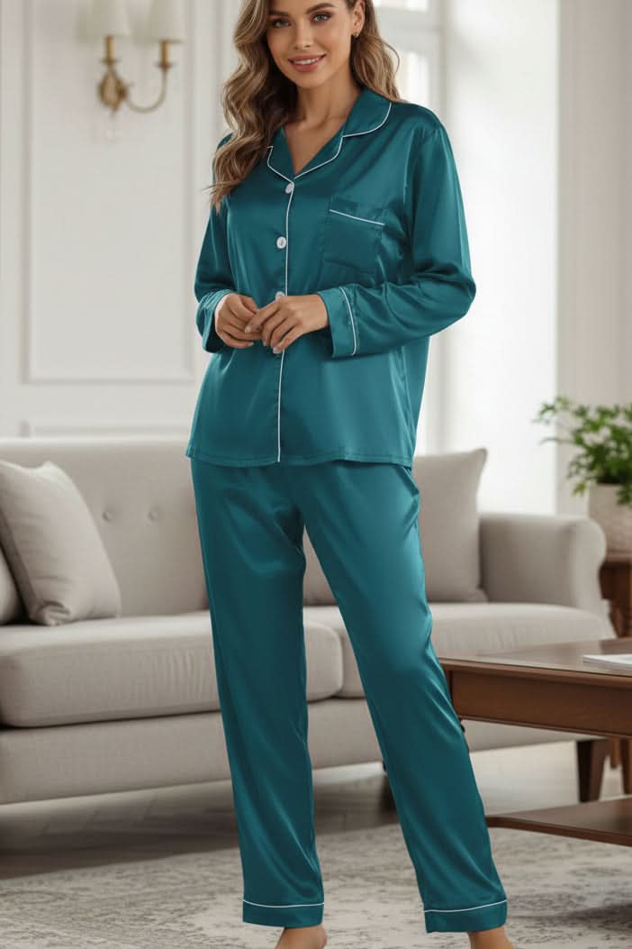 Elegant two-piece pajama set for women, ideal as luxurious sleepwear or relaxed home wear.