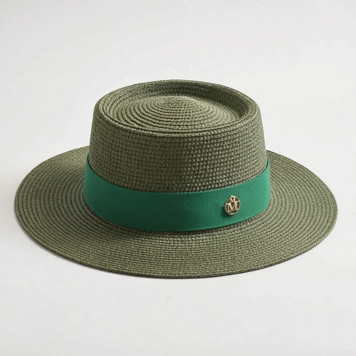 Lightweight women's chic sun hat. Flat top, wide brim for comfortable beach, vacation & summer wear.