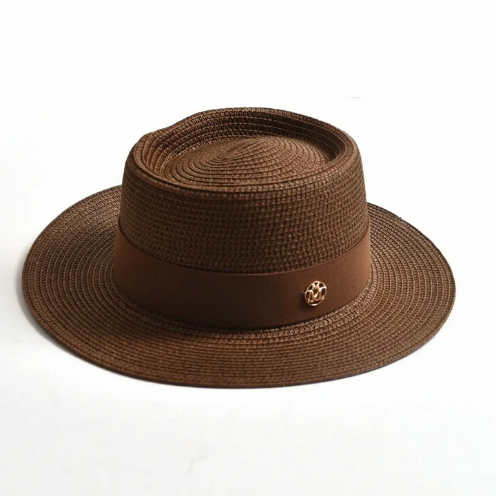 Women's vacation sun hat. Flat top, wide brim for elegant protection on sunny beach & outdoor trips.