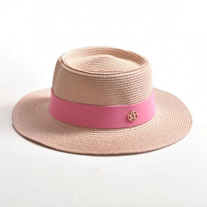 Sophisticated women's flat top wide brim sun hat. Essential for beach, resort, & summer travels.