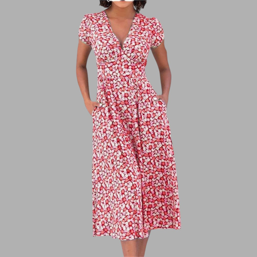 Elegant women's floral midi dress for spring and summer fashion. Features a flattering V-neck, short sleeves, & pockets.