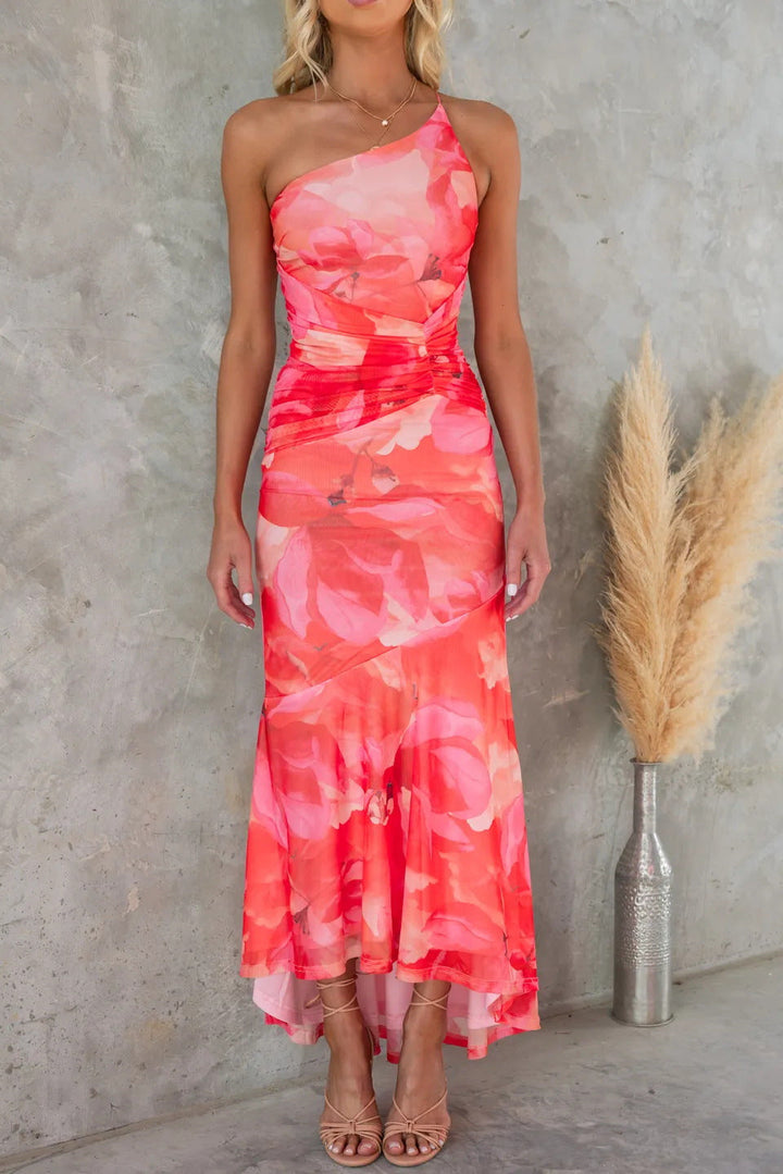 Elegant floral print one-shoulder maxi dress for women. Perfect garden party or formal wedding guest gown.