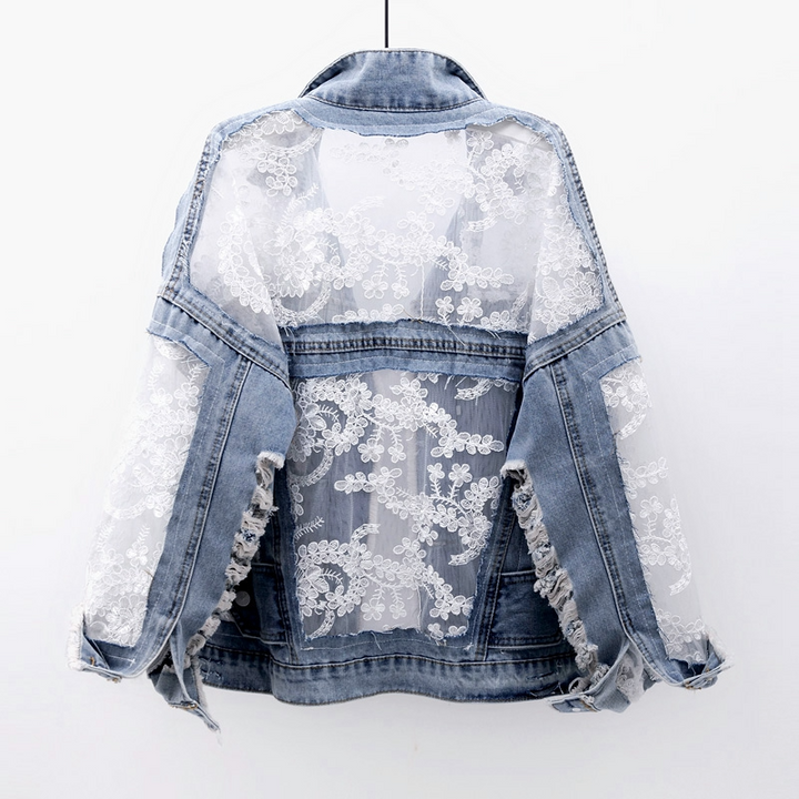 Women's chic frayed edge denim jacket, perfect for casual spring & fall fashion.