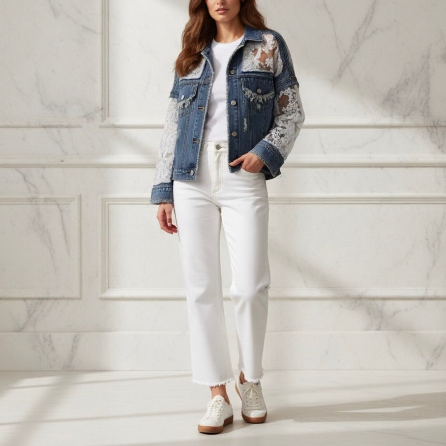 Stylish women's frayed edge denim jacket; versatile outerwear for effortless everyday layering.