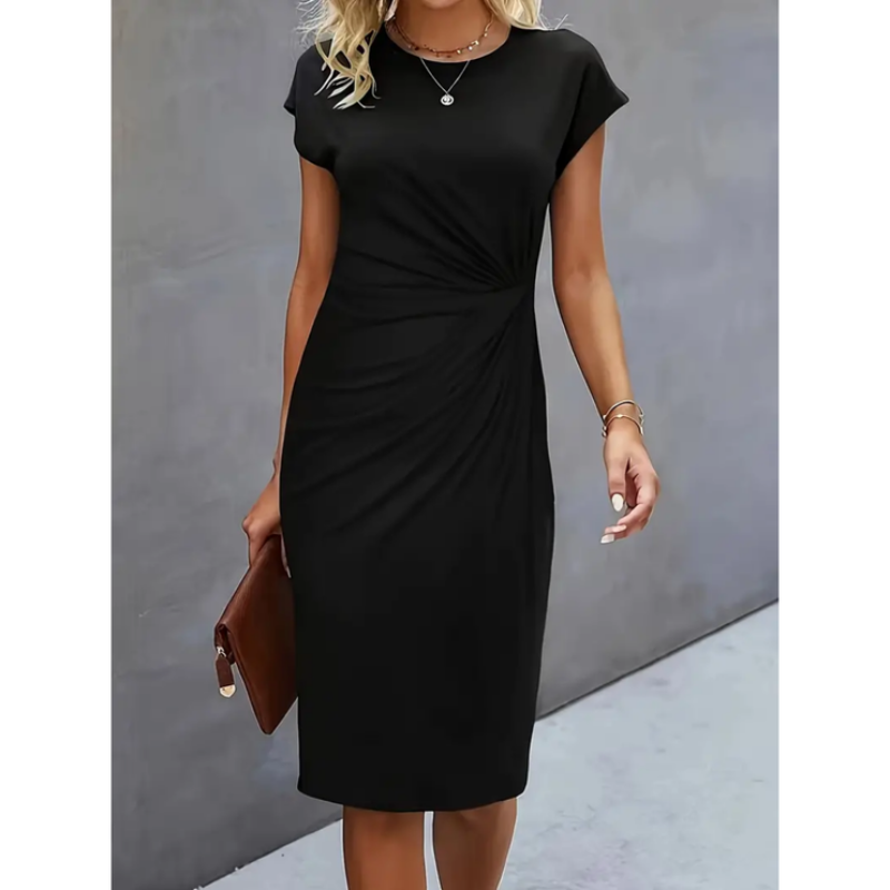 Women's chic gathered waist midi dress, perfect professional attire for office or elegant events.