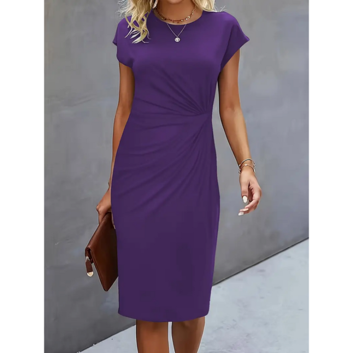 Elegant women's midi dress with gathered waist & cap sleeves, ideal for business meetings & formal events.