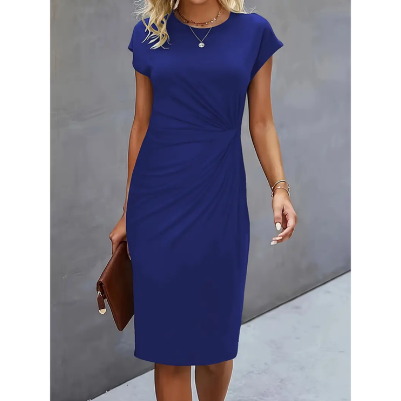 Professional women's cap sleeve midi dress featuring a stylish gathered waist, suitable for work or events.