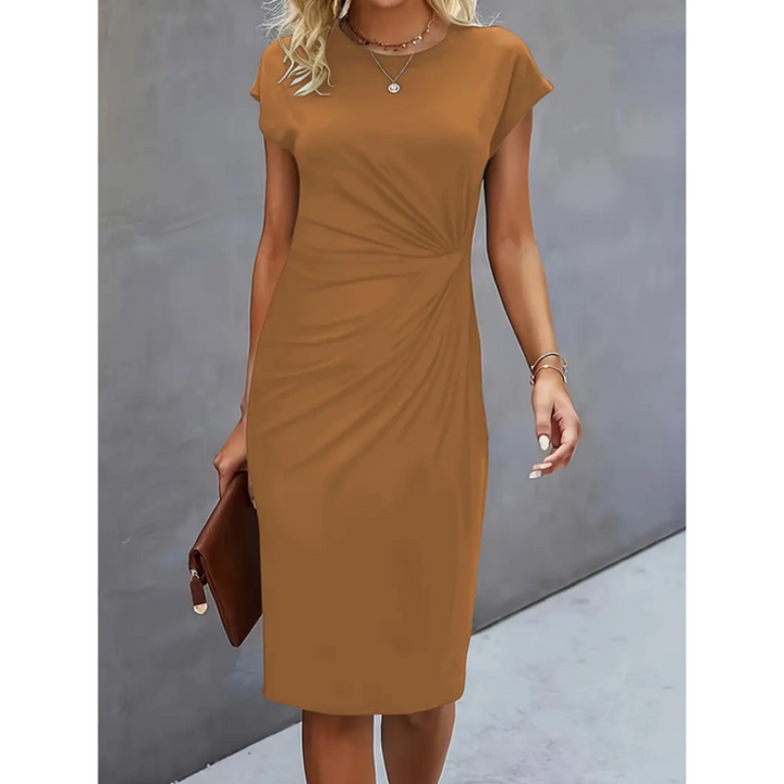 Sophisticated women's work dress: a professional midi dress with elegant gathered waist for office & events.