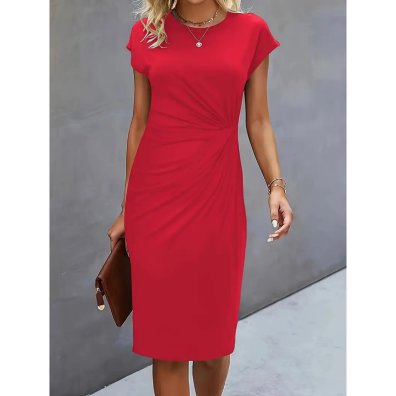 Business casual women's midi dress with a flattering gathered waist, perfect for professional office and formal events.
