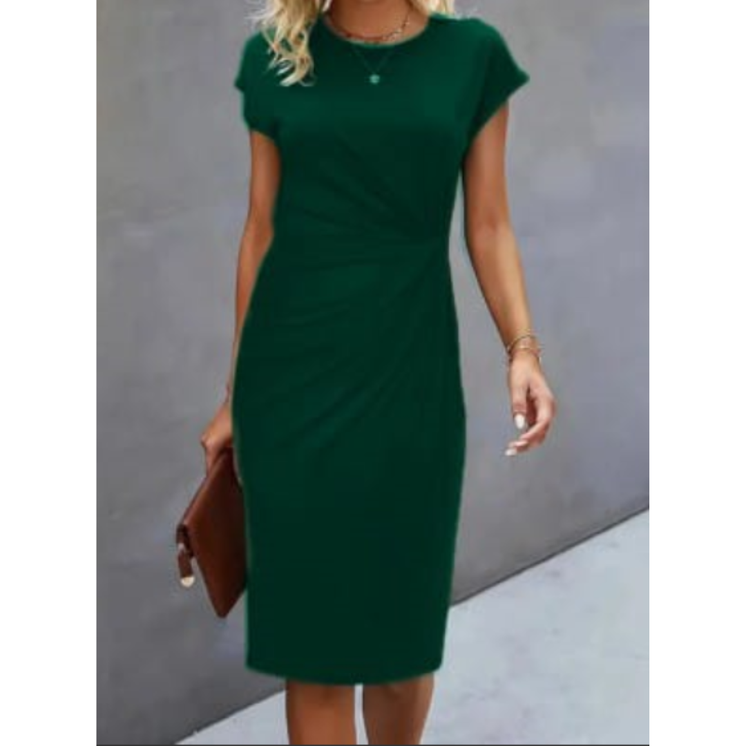 Flattering women's midi dress with a gathered waist, offering professional elegance for office work & events.